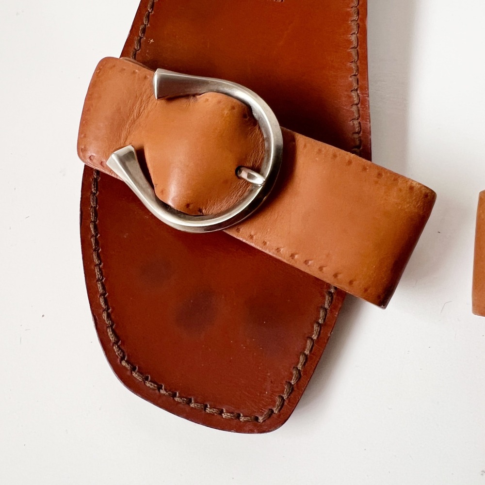Prada Sandals 39 8 Brown Leather Horseshoe Buckle Square Toe Flat Slides - Picture 6 of 10